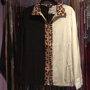 New Long Sleeve Two-Tone Animal Print Blouse XL